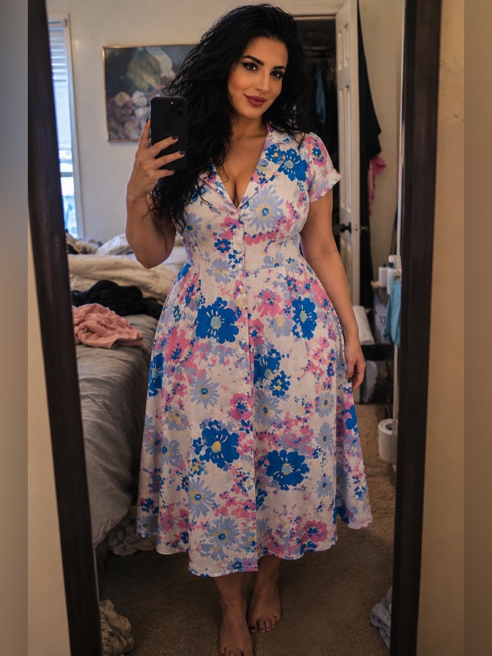 ModCloth floral midi dress in blue and pink, lightweight and easy to style.